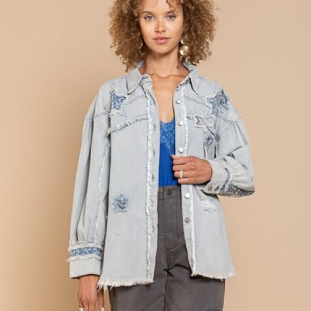 POL Star patchwork distressed Denim shacket with Star Patches blue button down - Picture 3 of 5